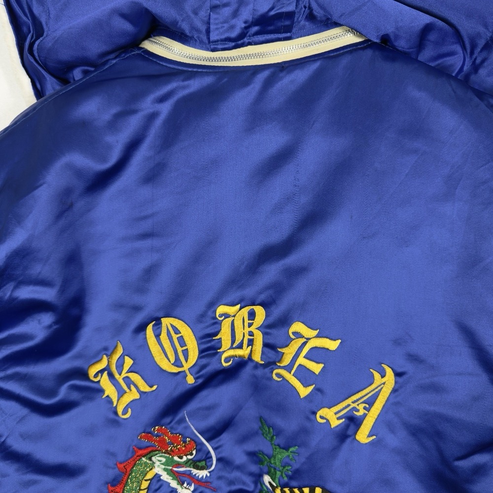 Vintage‎ Sukajan Souvenir Jacket Korea Dragon Tiger Satin Blue Hooded Brad - Picture 3 of 16